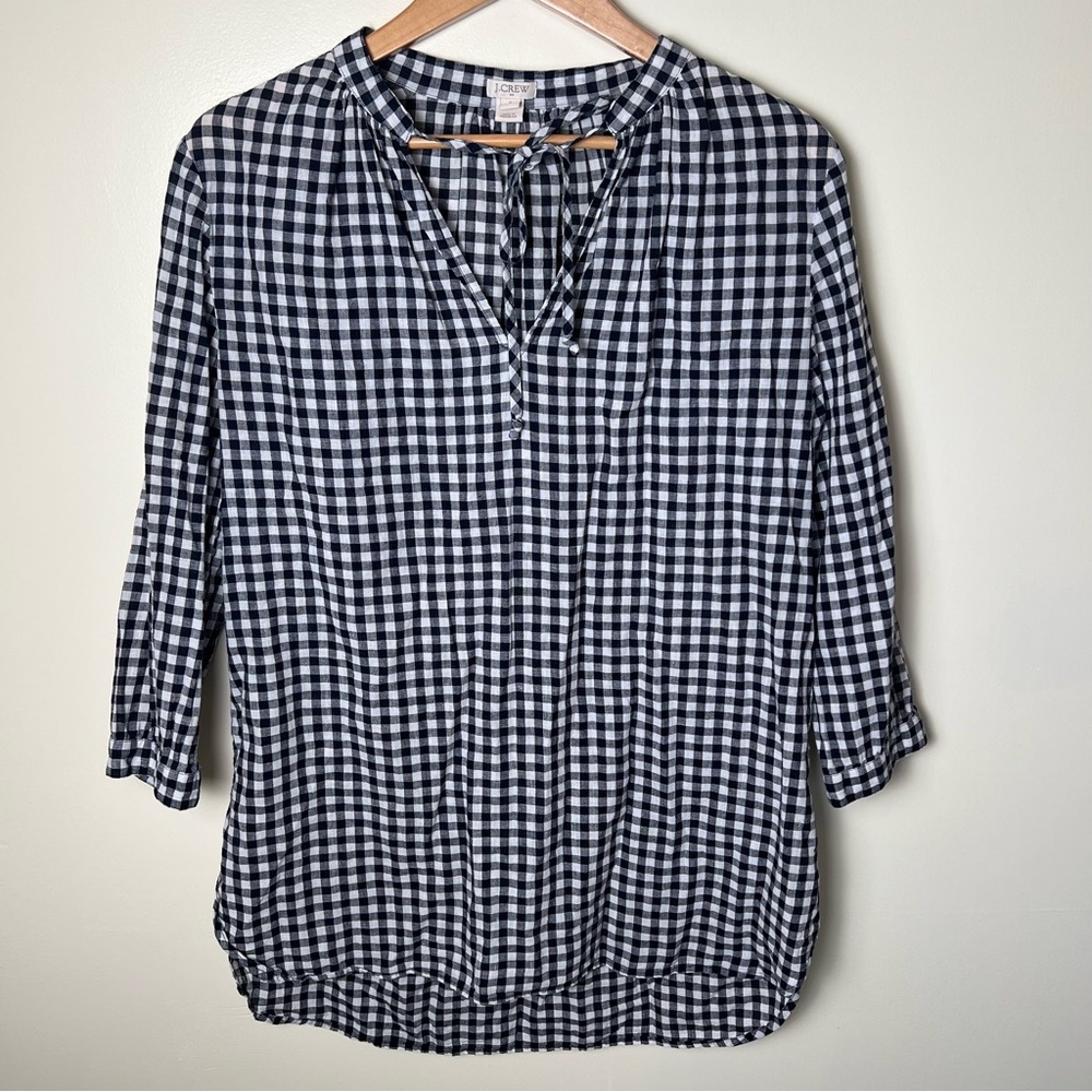 J Crew Gingham Linen Tunic Top BlackWhite Check 3/4 Sleeve Size S Preppy Cottage